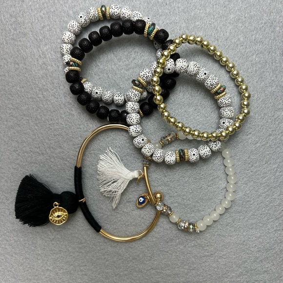 Stylish Boho Chic Gold & Black Stacked Bracelets -Trendy Mixed Style Bracelets - Picture 9 of 17